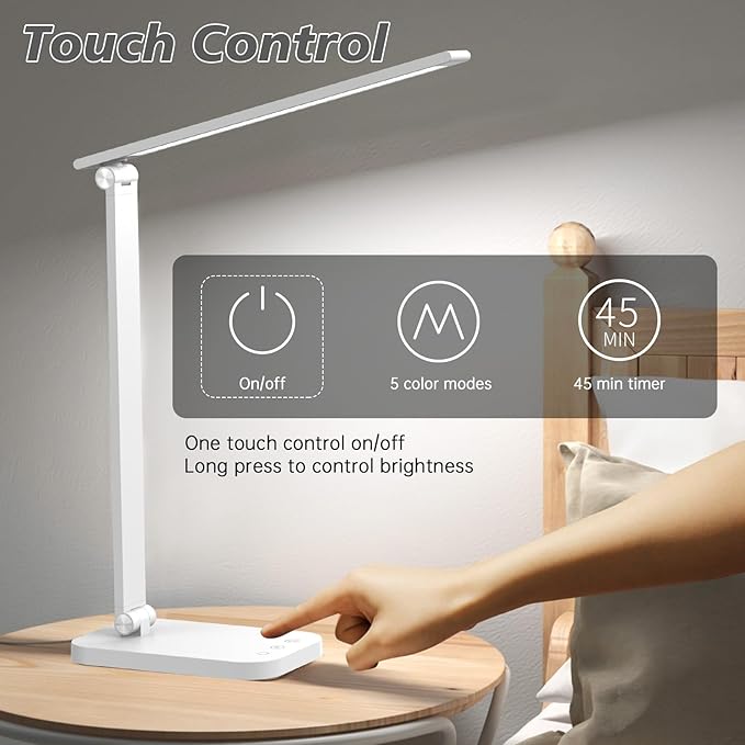 Bright Led Desk Lamp for College Dorm - Foldable Study Desk Light for Home Office, Modern Dorm Study Desk Lamps, 5 Light Mode Dimmable Brightness Eye-Caring Craft Task Lamp Desktop Lamp for Reading - LeafyLoom