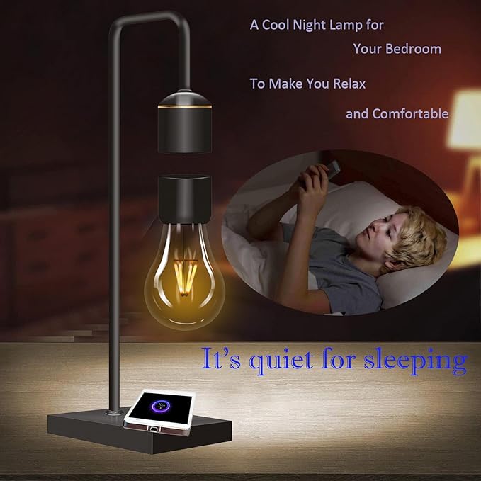 Magnetic Levitating Light Bulb with Luxury Wireless Charging Pad (Apple/Android) Levitation Plastic Black Floating Table Lamp White LED Night Light for Bedrooms Desk Toys Office Gifts - LeafyLoom