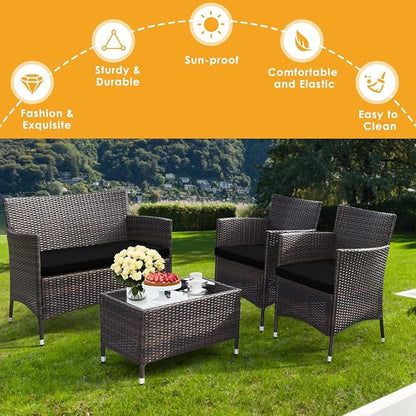 Goplus 4-Piece Rattan Patio Set, Outdoor/Indoor Wicker Conversation Set for Pool, Backyard, Lawn, Wicker Chairs and Sofa with Soft Cushion, Rattan Furniture with Tempered Glass Coffee Table - LeafyLoom