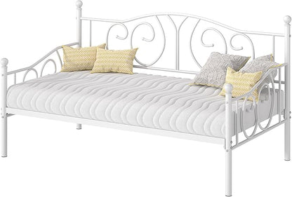 VECELO Twin Daybed Frame, Metal Day Bed with Classic Headboard, Multifunctional Platform Beds for Bedroom, Living Room, Guest Room, No Boxing Spring Needed, White - LeafyLoom