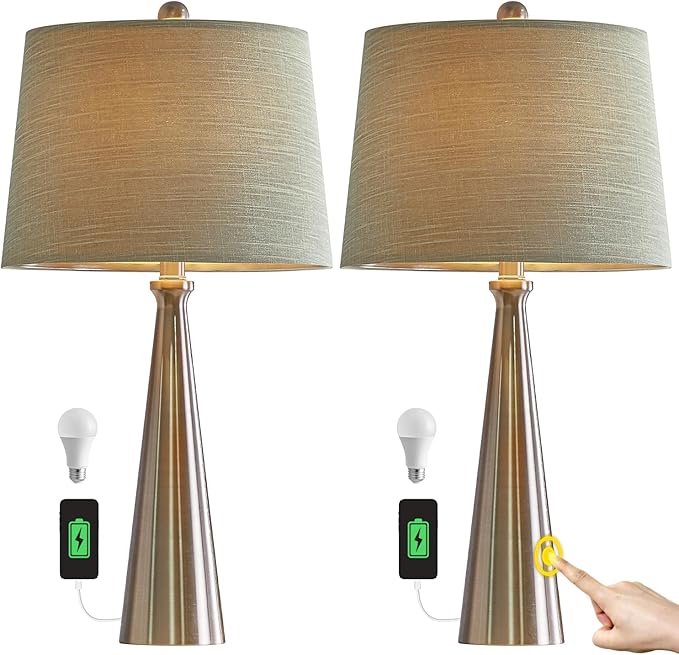 Oneach 25.75" Table Lamps Set of 2 for Living Room Bedroom, Bedside Lamp 3-Way Dimmable Touch Control, Modern Silver Nightstand Light Fabric Shade Vintage Accent Style - LeafyLoom