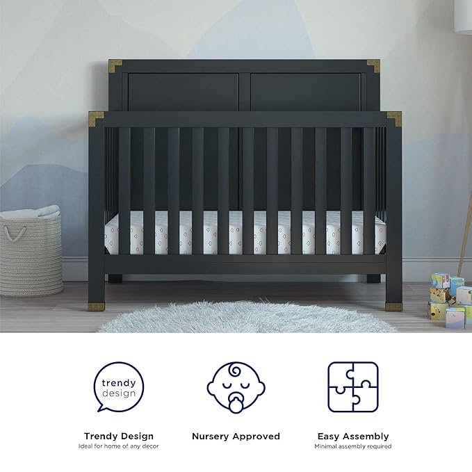 Baby Relax Miles 5-in-1 Convertible Crib, Solid Pine Wood, Black - LeafyLoom