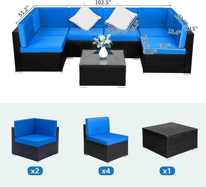 Outvita OutdoorRattan Conversation Set, 7 Pieces PE Rattan Sofa Wicker Patio Furniture Sets with Waterproof Soft Cushion for Backyard Porch Garden Poolside (Black & Blue) - LeafyLoom