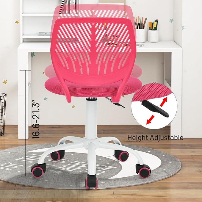 Desk Chair Armless Small Study Chairs Armless for Child Kids Teens, Ergonomic Swivel Rolling Lightweight Task Chair with Wheels and Mesh Padded Cushion, Pink - LeafyLoom