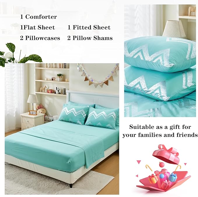 Wowelife 7 Pieces Comforter Set King Size Teal Silver Bedding Set Glitter Kids Bedding Set Blue Bed in a Bag Girls with Comforter, Flat Sheet, Fitted Sheet, 2 Pillow Shams and 2 Pillowcases - LeafyLoom