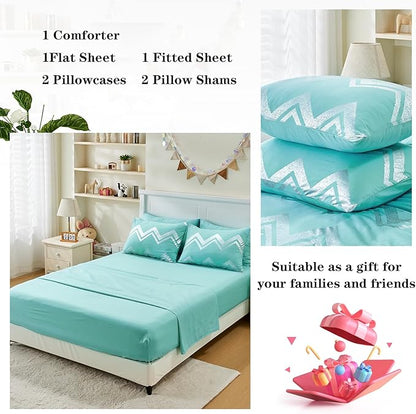 Wowelife 7 Pieces Comforter Set King Size Teal Silver Bedding Set Glitter Kids Bedding Set Blue Bed in a Bag Girls with Comforter, Flat Sheet, Fitted Sheet, 2 Pillow Shams and 2 Pillowcases - LeafyLoom