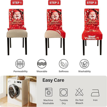 4PCS Christmas Dining Chair Covers Stretch Removable Washable Dining Room Chair Protector Slipcover 3D Print Santa Claus Deer Kitchen Chair Cover Slipcovers Protector for Xmas Holiday Party Home Décor CZL