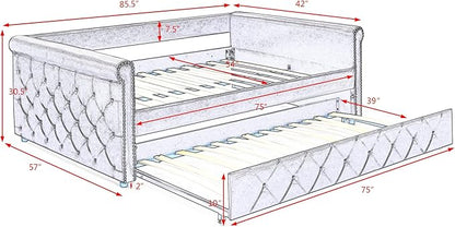 Upholstered Full Size Daybed with Twin Trundle, Solid Wood Sofa Bed Frame w/Button Tufted and Copper Nail on Square Arms, for Bedroom, Guest Room, No Spring Box Need, Grey - LeafyLoom