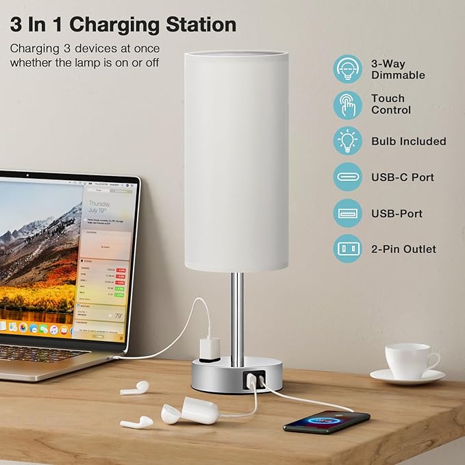 Light Grey Table Lamp for Nightstand - 3 Way Dimmable Touch Bedside Lamp USB C and A Charging Ports and AC Outlet, Small Desk Lamp with Silver Base for Office Nursery, LED Bulb Included - LeafyLoom