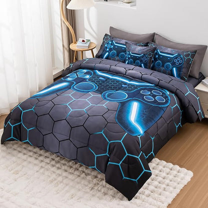 8Pcs Game Console Comforter Set with Sheets for Boys Girls Kids Teens, Geometric Gaming Themed Bed in A Bag Full Size, Blue 3D Video Gamer Controller Bedroom Decor Bedding Set-Blue - LeafyLoom