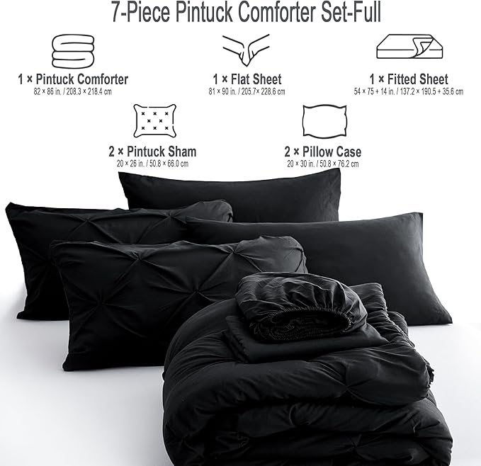 Ubauba 7pc Full Size Comforter Set with Sheets, Pinched Pleat 7 Piece Bed in a Bag Black Bed Set with Comforter, All Season Pintuck Bedding Sets (Black,Full) - LeafyLoom