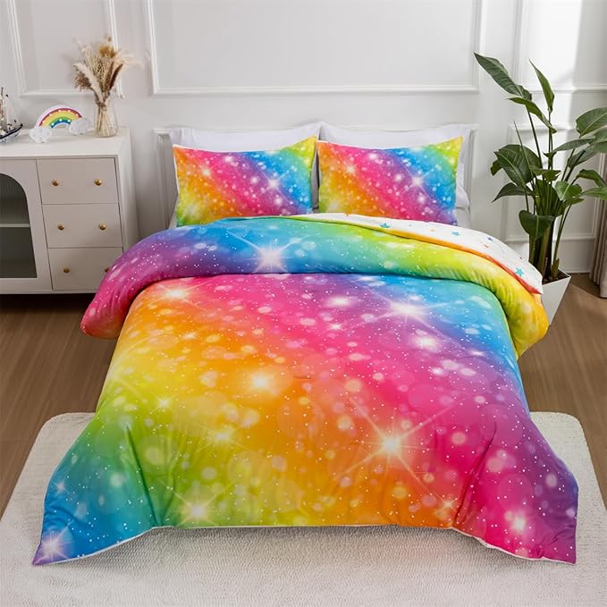 Holawakaka Girls Ombre Glitter Comforter Set, Twin Size Gradient Rainbow Galaxy Print Kids Bedding Sets, Multi-Color Ultra-Soft Dorm Bed Set (Multi-color,Twin) - LeafyLoom