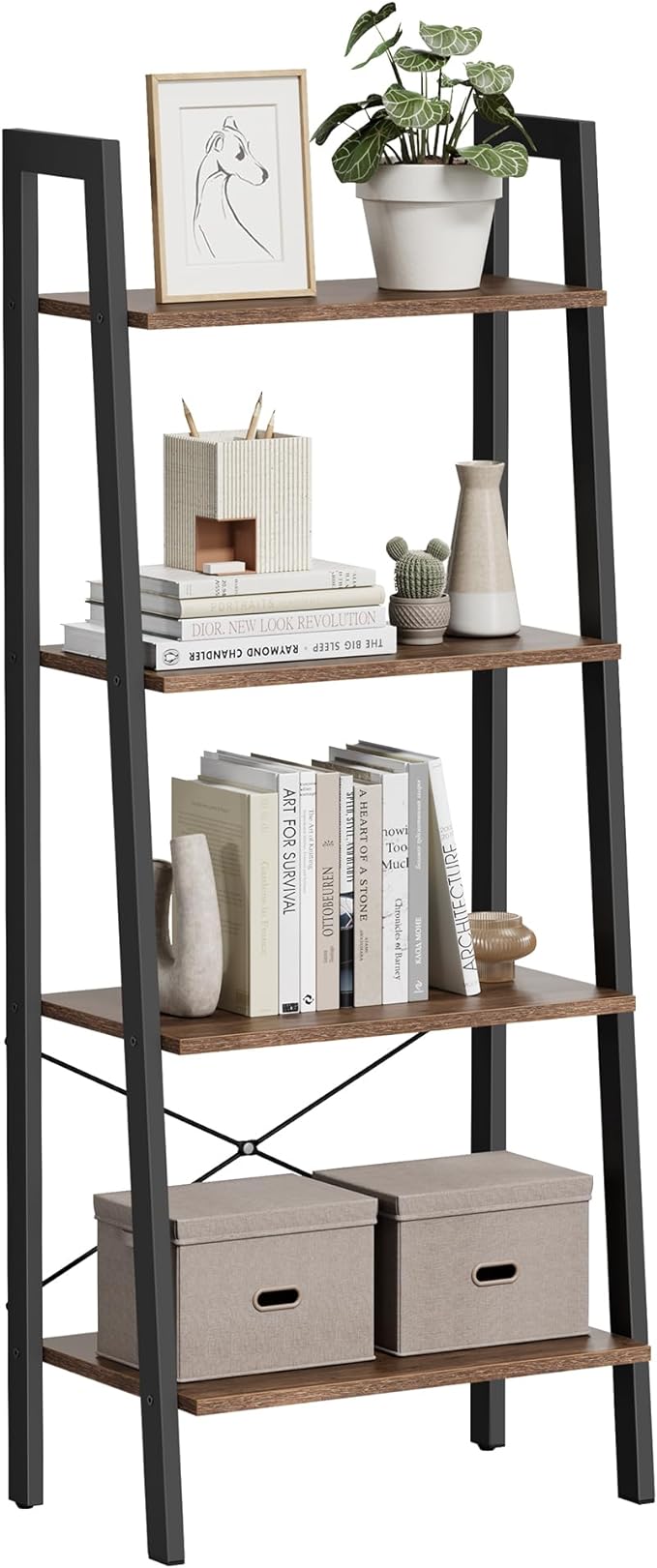 VASAGLE Ladder Shelf, 4-Tier Bookshelf, Storage Rack, Bookcase with Steel Frame, for Living Room, Home Office, Kitchen, Bedroom, Industrial Style, Hazelnut Brown and Black ULLS044B03 - LeafyLoom