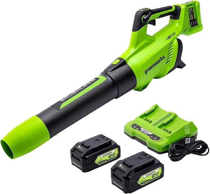 Greenworks 48V (2 x 24V) Cordless Brushless Axial Leaf Blower (140 MPH / 585 CFM / 125+ Compatible Tools), (2) 4.0Ah Batteries and Dual Port Rapid Charger Included - LeafyLoom