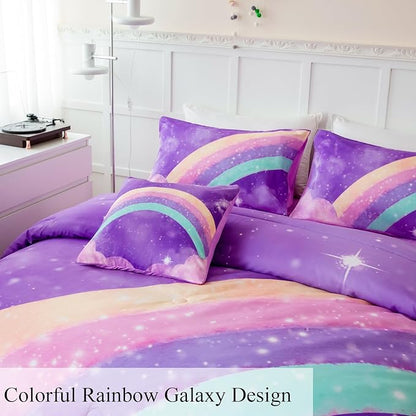 Purple Rainbow Girls Comforter Set Twin, 6 Pieces Gradient Glitter Bedding Sets for Girls Kids, 3D Galaxy Nebula Kids Girls Bed Set with Sheets for All Season - LeafyLoom