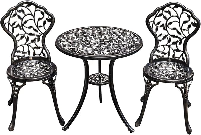 Patio Bistro Set.Rust-Resistant Cast Aluminum Bistro Table Set with Umbrella Hole for Backyard (Leaf DESIGNCOPPER) - LeafyLoom