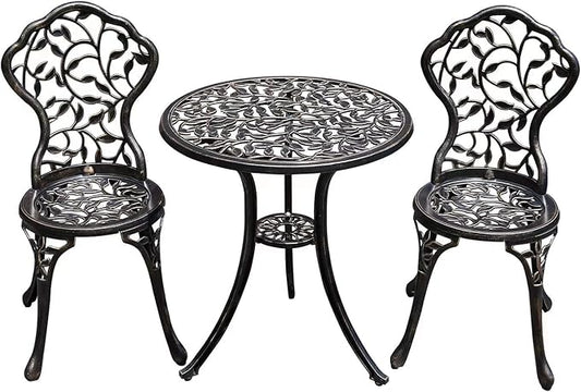 Patio Bistro Set.Rust-Resistant Cast Aluminum Bistro Table Set with Umbrella Hole for Backyard (Leaf DESIGNCOPPER) - LeafyLoom