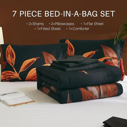 WRENSONGE King Size Comforter Set, 7 Pieces Black Red Floral Comforter Set with Sheets for King Size Bed, Red Leaf Pattern King Bedding Set, Soft Breathable Bed in a Bag King for All Seasons - LeafyLoom