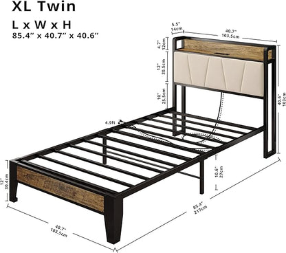 LIKIMIO Twin XL Bed Frames, Storage Headboard with Charging Station, Solid and Stable, Noise Free, No Box Spring Needed, Easy Assembly (Walnut and Beige) - LeafyLoom