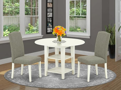 East West Furniture SUEN3-LWH-06 3 Piece Kitchen Table Set Contains a Round Dining Table with Dropleaf & Shelves and 2 Dark Shitake Linen Fabric Parson Chairs, 42x42 Inch, Linen White - LeafyLoom