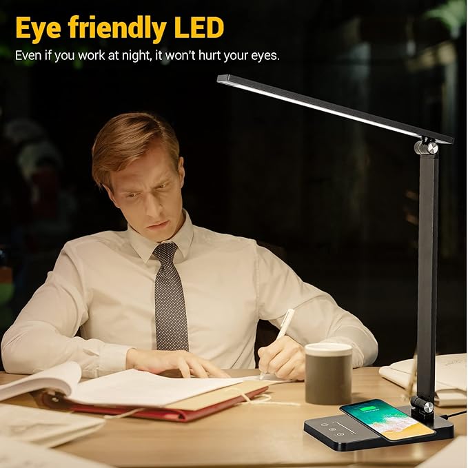 LED Desk Lamp for Home Office, 3 Levels Dimmable Desk Light with USB Charging Port, Small Study Lamp, Reading Light for Table, Deep Black, 5000K - LeafyLoom