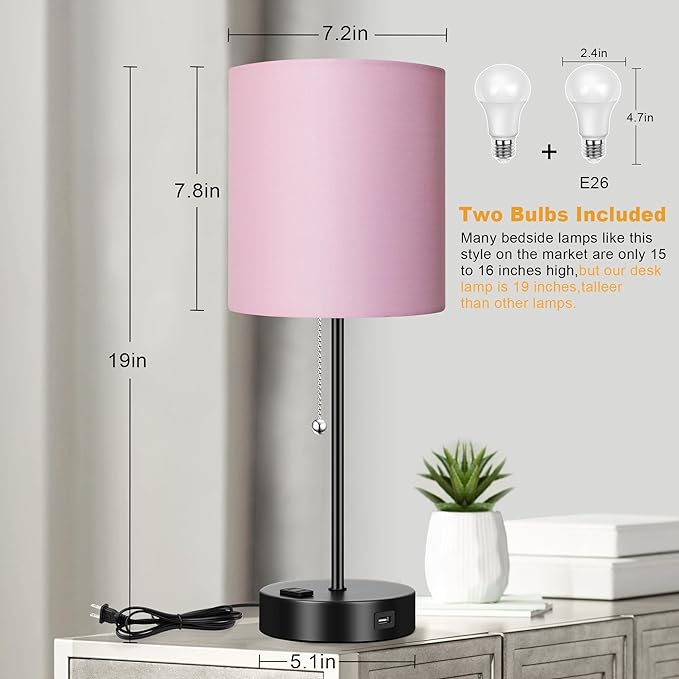 WIHTU 3 Color Temperature Bedside Table Lamps Set of 2, Modern Small Lamp with USB and Outlet, Bedroom Lamp for Nightstand with Chain Switch, Pink Desk Lamp for Living Room, Two Bulbs Included - LeafyLoom