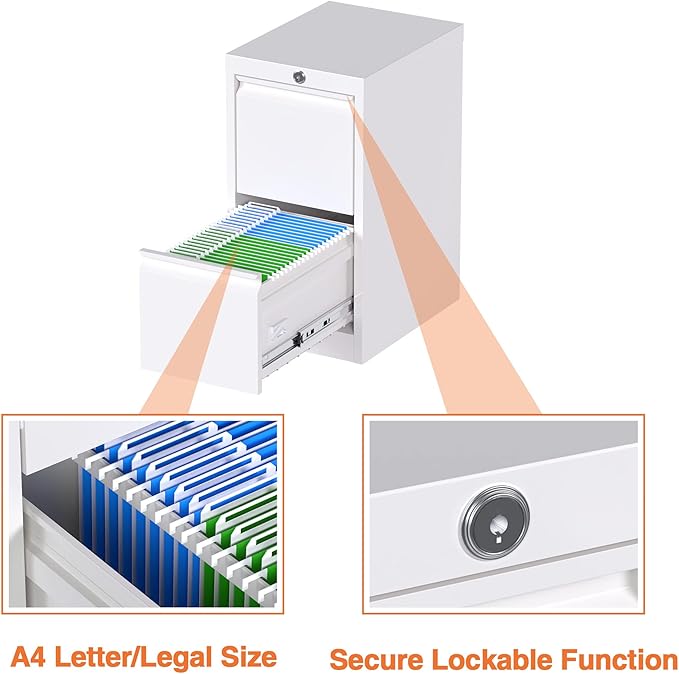 2 Drawers Vertical File Cabinet, Metal Lockable Filing Cabinet, Office File Storage Cabinet for A4 Letter/Legal Size, Assembly Required (White) - LeafyLoom