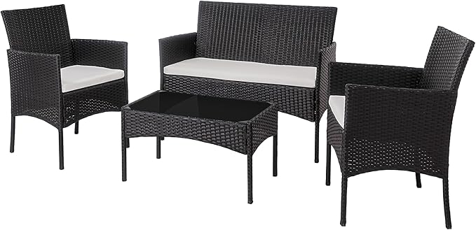 Shintenchi 4 Piece Outdoor Patio Furniture Sets, Small Wicker Patio Conversation Furniture Rattan Chair Set with Tempered Glass Coffee Table for Backyard Porch Garden Poolside Balcony - LeafyLoom