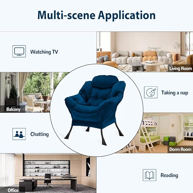 Lazy Chair Thick Padded, Accent Chair Velvet Upholstered with Wide Seat, Stable Metal Frame and Non-Slip Pad, Modern Sofa Armchair with Side Storage Bag for Dorm, Room, Office, Blue - LeafyLoom