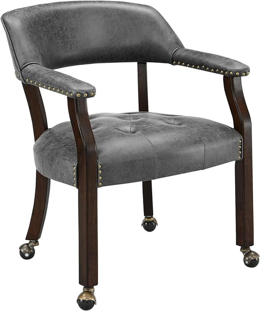 Large Dining Chairs with Casters and Arms, Rolling Dining Chairs with Wheels, Accent Game Chairs, Boss Caption's Chairs, 26"D x 25.2"W x 31.5"H, Espresso Legs & Dark Grey Fabric SY-318-GY - LeafyLoom