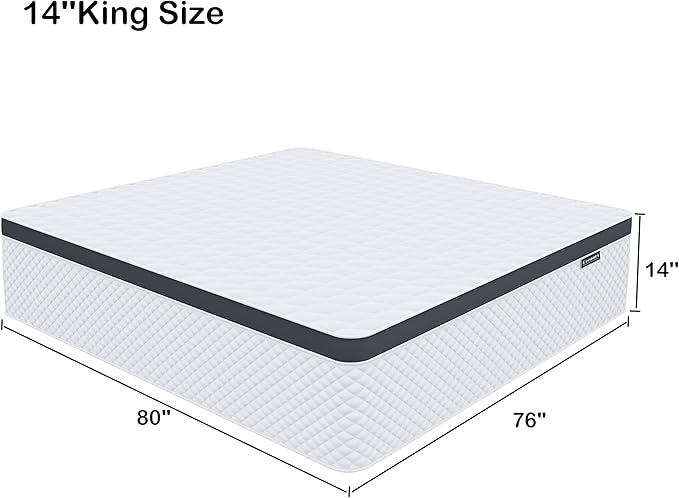 King Mattress,14 Inch King Size Mattress in a Box,Gel Memory Foam and Innerspring Hybrid Mattress with Individual Pocket Spring for Motion Isolation,Pressure Relief,Medium Firm Feel - LeafyLoom