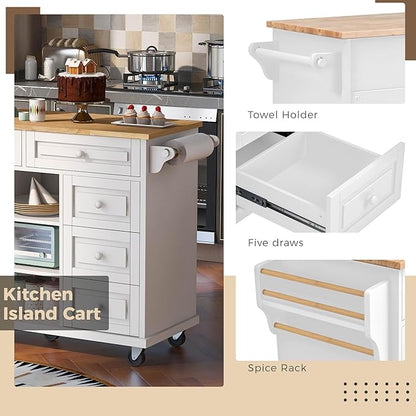 Kitchen Island with Storage Cabinets, Rolling Mobile Kitchen-cart w/Rubber Wood Desktop and 5 Drawers & Open Shelves, Sideboard for Dining Room, Home Bar - LeafyLoom