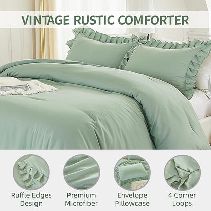 Andency Sage Green Twin Comforter Set, 2 Pieces Kids Ruffle Comforter Set Twin(66x90Inch), Farmhouse Shabby Chic Comforter Set, Soft Microfiber Kids Bedding Set - LeafyLoom