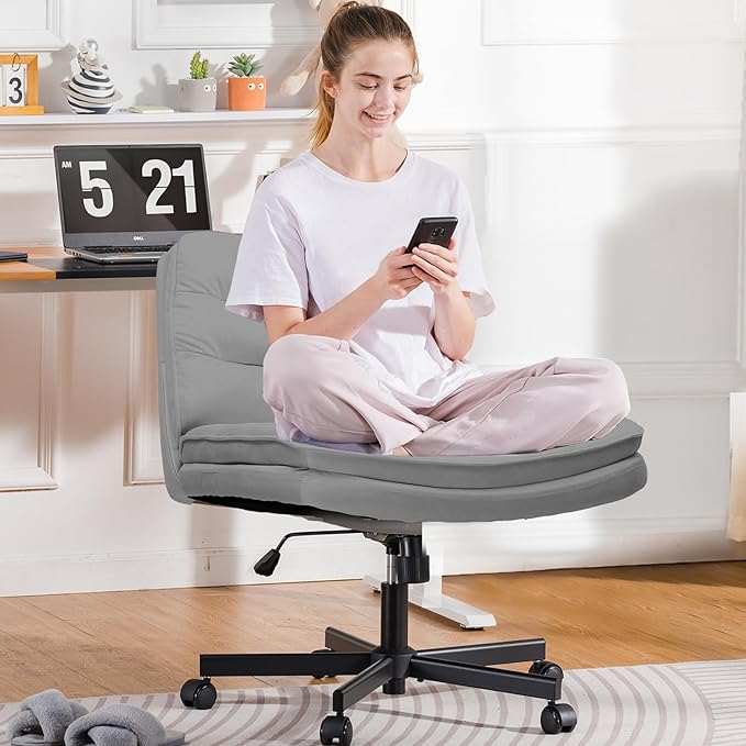 COMHOMA Criss Cross Chair with Wheels, Armless Wide Cross Legged Office Chair Mid Back, Modern Home Office Desk Chair Swivel Adjustable Vanity Computer Chair, Gray Velvet - LeafyLoom