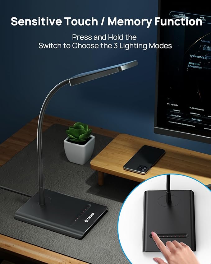 TROND Desk Lamp, Bright Dimmable Eye-Caring Table Lamp, 3 Color Modes 7 Brightness Levels, Flexible Gooseneck, Touch Control, Memory Function, Desk Light for Home Office Dorm Room Essentials - LeafyLoom