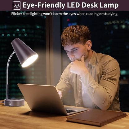 RUNTOP Metal Desk Lamp, Desk Lamps for Home Office College Dorm Room Eye-Caring Reading, Gooseneck Desk Lamp with USB Port, 5 Brightness Levels, 5 Color Temperature, Flexible Study Desk Light,Brown - LeafyLoom