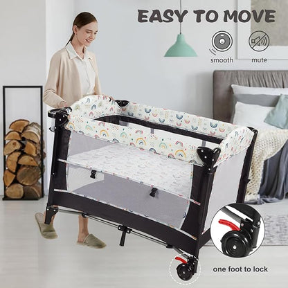 Kinder King 4 in 1 Portable Nursery Center, Foldable Baby Bedside Crib w/Bassinet, Infant Pack n Play Playard Toddler Large Playpen, Newborn Changing Table, Storage Basket, Side Zipper,Multicolour - LeafyLoom