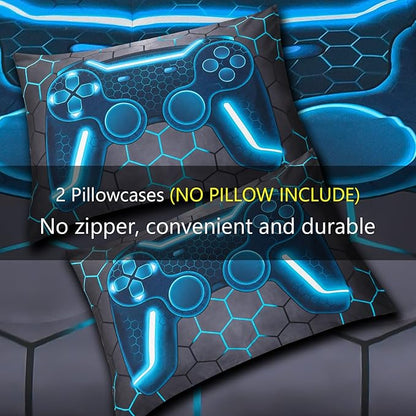 6Pcs Game Console Comforter Set with Sheets for Boys Girls Kids Teens, Geometric Gaming Themed Bed in A Bag Twin Size, Blue 3D Video Gamer Controller Bedroom Decor Bedding Set - LeafyLoom