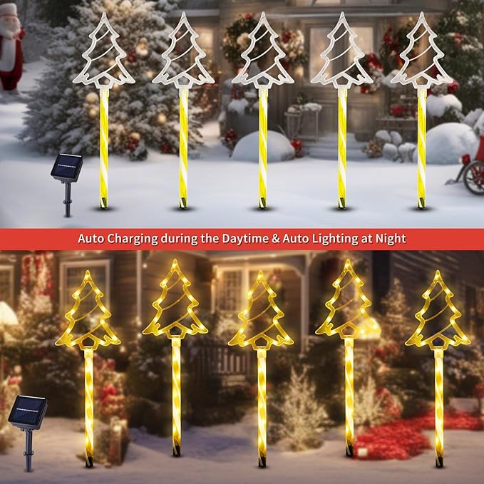 Solar Christmas Pathway Lights Outdoor Decorations, 8 Modes Xmas Tree Candy Lights Waterproof Led Garden Stake Lights for Walkway Yard Lawn Porch Holiday Decor 5-Pack (Warm White Xmas Tree Lights) BRIGHTDECK