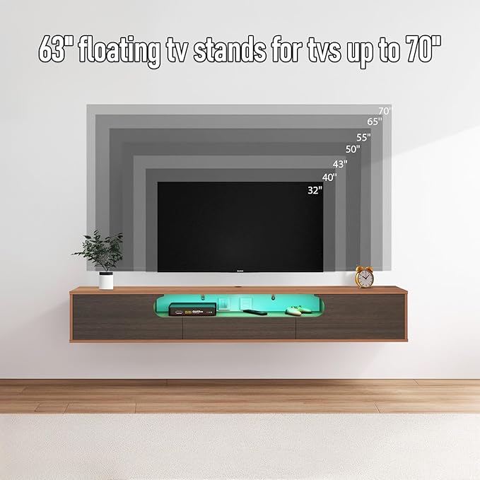 Pmnianhua Floating TV Stand with LED Lights,63'' Wall Mounted TV Cabinet Floating under TV Shelf Media Console Entertainment Center with Storage Living Room Playroom Bedroom(walnut) - LeafyLoom