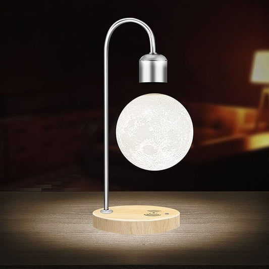 Unique Modern Levitating Moon Lamp with Built-in Qi Wireless Charger, Simplistic and Innovative Design, Warm Decorative LED Light for Home and Office (Silver) - LeafyLoom