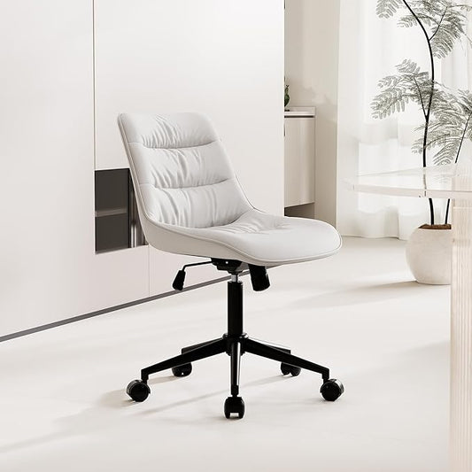 Kidol & Shellder Armless Office Chair Desk Chair Comfy Makeup Vanity Chair with Back Ergonomic Swivel Chair Home Office Desk Chairs with Wheels Rolling Computer Chair Bedroom Accent Chair(White) - LeafyLoom