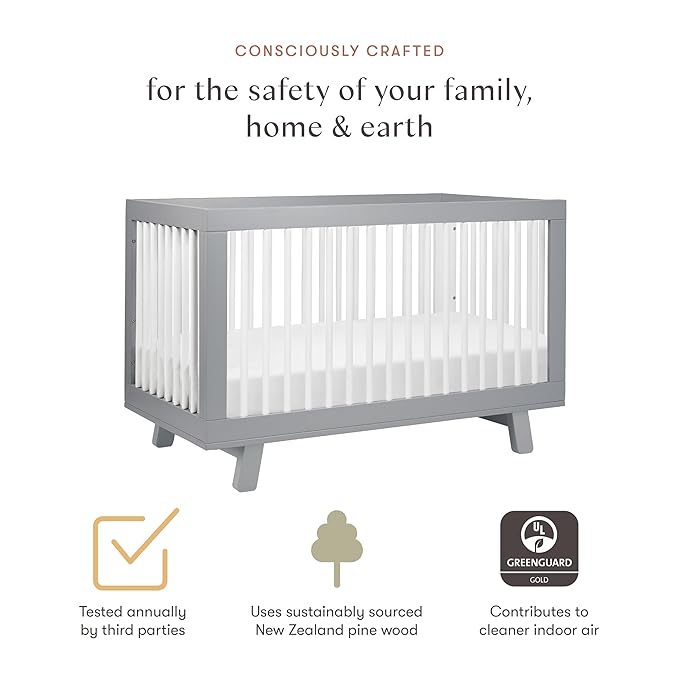 Babyletto Hudson 3-in-1 Convertible Crib with Toddler Bed Conversion Kit in Grey and White, Greenguard Gold Certified - LeafyLoom