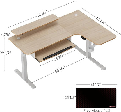 EUREKA ERGONOMIC Standing Desk Adjustable Height 61" Electric Sit Stand Computer Desk L Shaped with Keyboard Tray,Monitor Stand &LED, Dual Motor Memory Presets Sit to Desk Adjustable Desk, Right/Maple - LeafyLoom