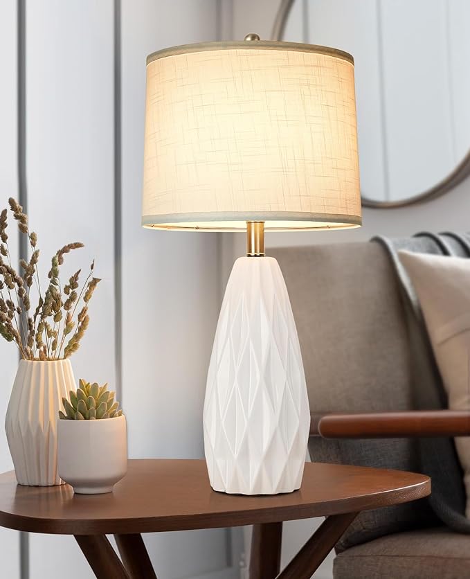 Table Lamp 25", Bedside Lamps for Bedroom Ceramic Desk Lamp White Lamp for Living Room End Table Lamps | 3-Way Dimmable Tall Nightstand Lamps Modern Geometric Lamp for Farmhouse Office(Bulb Included) - LeafyLoom