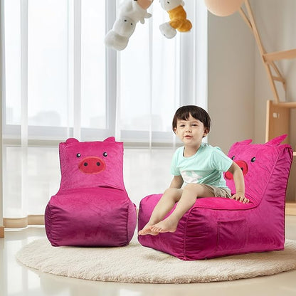 Bean Bag Chair for Kids, Cute Pig L-Shape Animal Bean Bag Sofa with Top Handles and Side Pockets, Cute Soft and Comfy Bean Bag Chair with Filler Included, Ages 1+ Children's Day Gifts - LeafyLoom