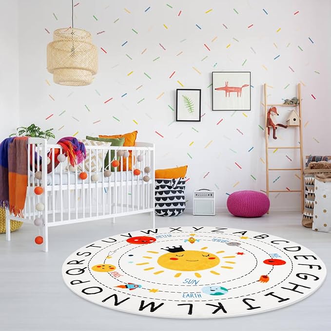 ABC Kids Rug,5.2 ft Washable Nursery Rug,Soft Plush Educational Circle Rug,Non-Slip Solar System Alphabet Rug for Classroom playroom Bedroom Kids Room Decor - LeafyLoom