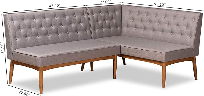 Baxton Studio Riordan Mid-Century Modern Grey Fabric Upholstered and Walnut Brown Finished Wood 2-Piece Dining Nook Banquette Set - LeafyLoom