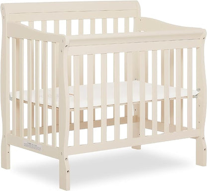 Aden 4-in-1 Convertible Mini Crib In French White, Greenguard Gold Certified, Non-Toxic Finish, New Zealand Pinewood, With 3 Mattress Height Settings - LeafyLoom