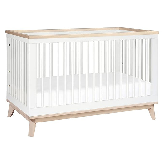 Babyletto Scoot 3-in-1 Convertible Crib with Toddler Bed Conversion Kit in White and Washed Natural, Greenguard Gold Certified - LeafyLoom